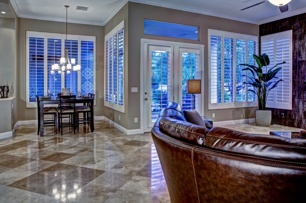 Plantation shutters in a dining room